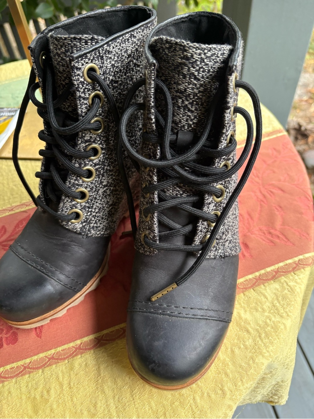 Sorel 1964 Black Tweed & Leather Lace -Up Wedge Boots